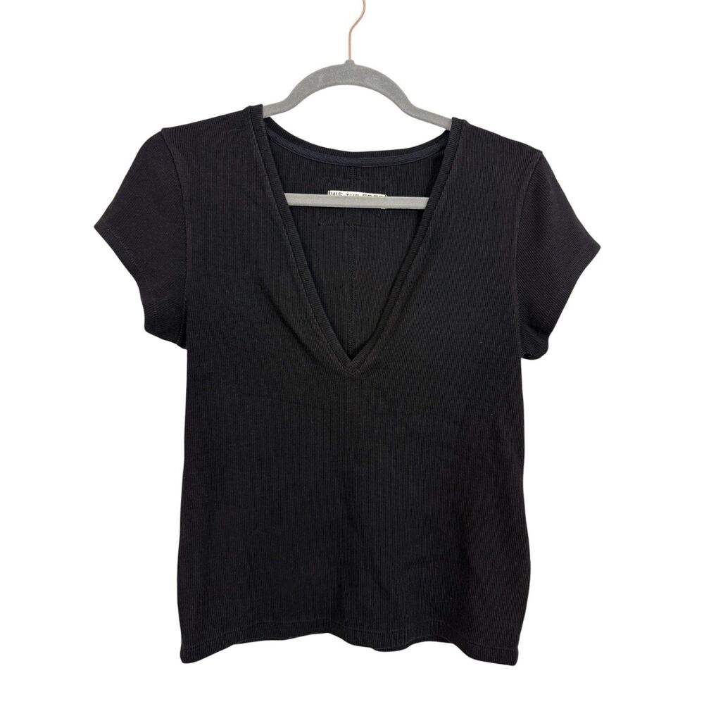 We The Free People Black Deep V-Neck Tee Shirt XL Slim Fit Ribbed Short Sleeve